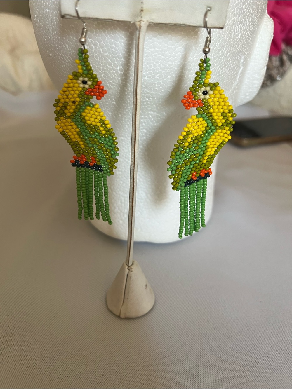 Handmade Beaded Parrot Earrings in Yellow & Green
